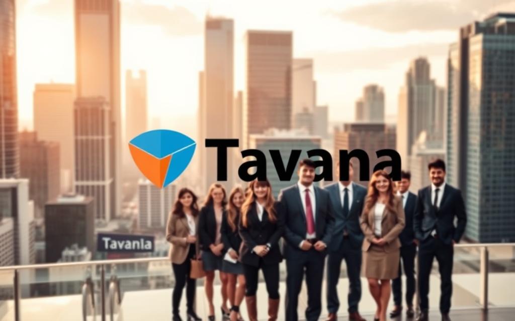 Prompt A bustling cityscape, skyscrapers and office buildings in the background, with a prominent franchise company logo in the foreground - "Tavana Franchise". In the middle ground, a diverse group of people in business attire, representing the franchisees and employees of the company. Warm, diffused lighting casts a professional and prosperous atmosphere. The scene conveys the scale, reach, and collaborative nature of a successful franchise operation.