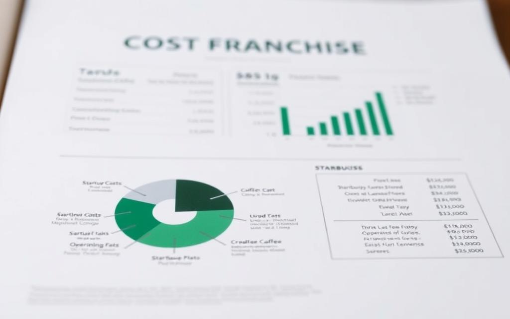 Starbucks franchise cost breakdown, featuring a detailed infographic layout on a sleek, minimalist white background. In the foreground, a clean, modern pie chart visually represents the various expense categories, including startup costs, ongoing fees, and operational expenses. The middle ground showcases subtle icons and graphs to highlight key financial metrics, captured through a shallow depth of field. In the background, a subtle grid pattern creates a sense of structure and organization. The overall composition conveys a professional, data-driven look and feel, suitable for the "Tavana Franchise" brand.