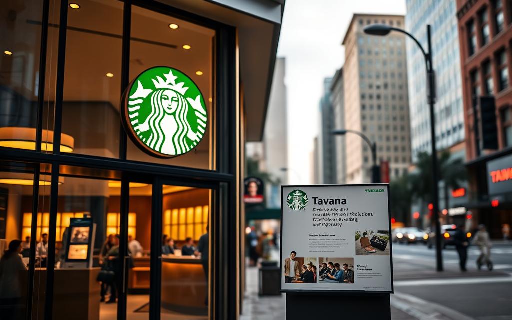 Starbucks franchise opportunities - a modern, inviting storefront with the iconic Starbucks logo and signage, set against a backdrop of a bustling city street. The scene features a Tavana Franchise display highlighting the brand's partnership with Starbucks, showcasing information about franchise ownership and investment opportunities. Soft, warm lighting illuminates the interior, creating a welcoming atmosphere. The composition is balanced, with the franchise display in the foreground, the Starbucks storefront in the middle ground, and a cityscape in the background, conveying a sense of urban vibrancy and opportunity.