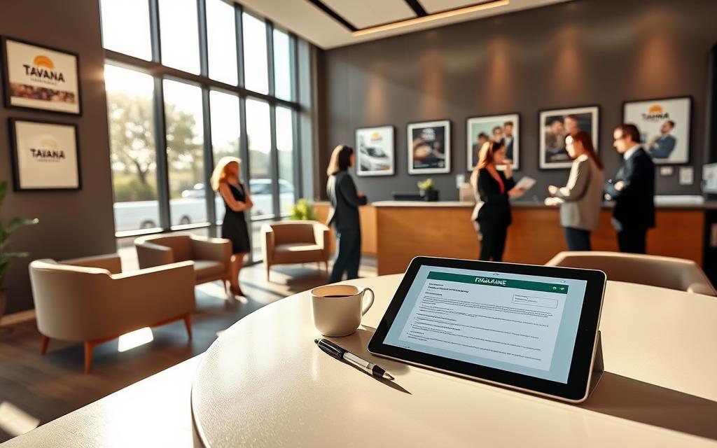 Tavana Franchise application process: Sleek and modern office interior, with a reception desk and seating area. Sunlight streams through large windows, creating a warm, inviting atmosphere. On the desk, a tablet displays the franchise application form, alongside a pen and a cup of coffee. The walls are adorned with framed Tavana Franchise logos and promotional materials, conveying a sense of professionalism and brand identity. In the background, a team of Tavana Franchise representatives engaged in discussions, guiding potential franchisees through the application steps. The overall scene exudes a sense of efficiency, transparency, and the excitement of embarking on a new business venture with a reputable brand. Tavana Franchise application process: Sleek and modern office interior, with a reception desk and seating area. Sunlight streams through large windows, creating a warm, inviting atmosphere. On the desk, a tablet displays the franchise application form, alongside a pen and a cup of coffee. The walls are adorned with framed Tavana Franchise logos and promotional materials, conveying a sense of professionalism and brand identity. In the background, a team of Tavana Franchise representatives engaged in discussions, guiding potential franchisees through the application steps. The overall scene exudes a sense of efficiency, transparency, and the excitement of embarking on a new business venture with a reputable brand.