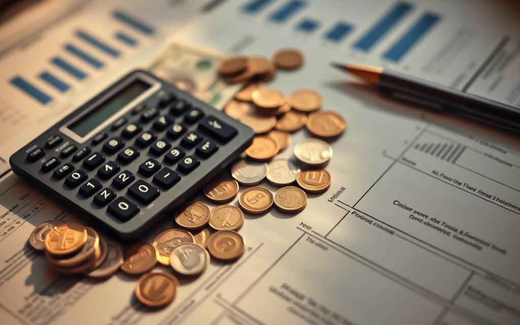 Tavana Franchise fees: a high-angle view of a calculator, scattered with coins, bills, and contract documents, set against a blurred background of business paperwork and financial charts. Warm, diffused lighting casts subtle shadows, conveying a sense of careful consideration and cautious analysis. The scene evokes the hidden costs and financial complexities inherent in franchise investments, inviting the viewer to examine the details behind the apparent simplicity of a franchise opportunity.