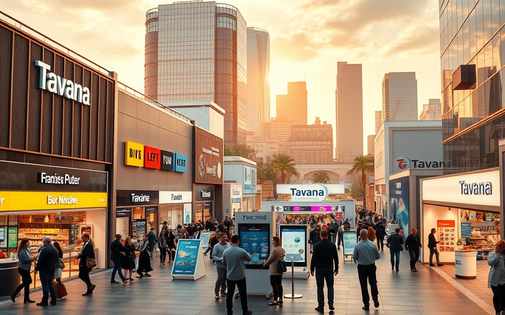 Tavana Franchise marketplace, a vibrant hub of diverse business opportunities. Showcasing a variety of storefronts and kiosks against a backdrop of modern cityscape, bathed in warm, golden lighting. Potential franchisees browse displays, converse with representatives, and explore various franchise concepts. In the foreground, a central plaza with signage and interactive touchscreens, inviting visitors to discover and invest in their entrepreneurial dreams. Sleek, minimalist design elements and a sense of energy and possibility pervade the scene, capturing the essence of the franchise marketplace.