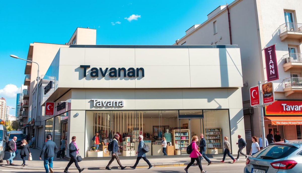 a retail storefront with the "Tavana Franchise" brand in a lively Turkish city, featuring a modern, minimalist facade with large display windows showcasing various products, surrounded by bustling pedestrians and traffic on a sunny day, with vibrant colors, dynamic shadows, and a sense of energy and activity