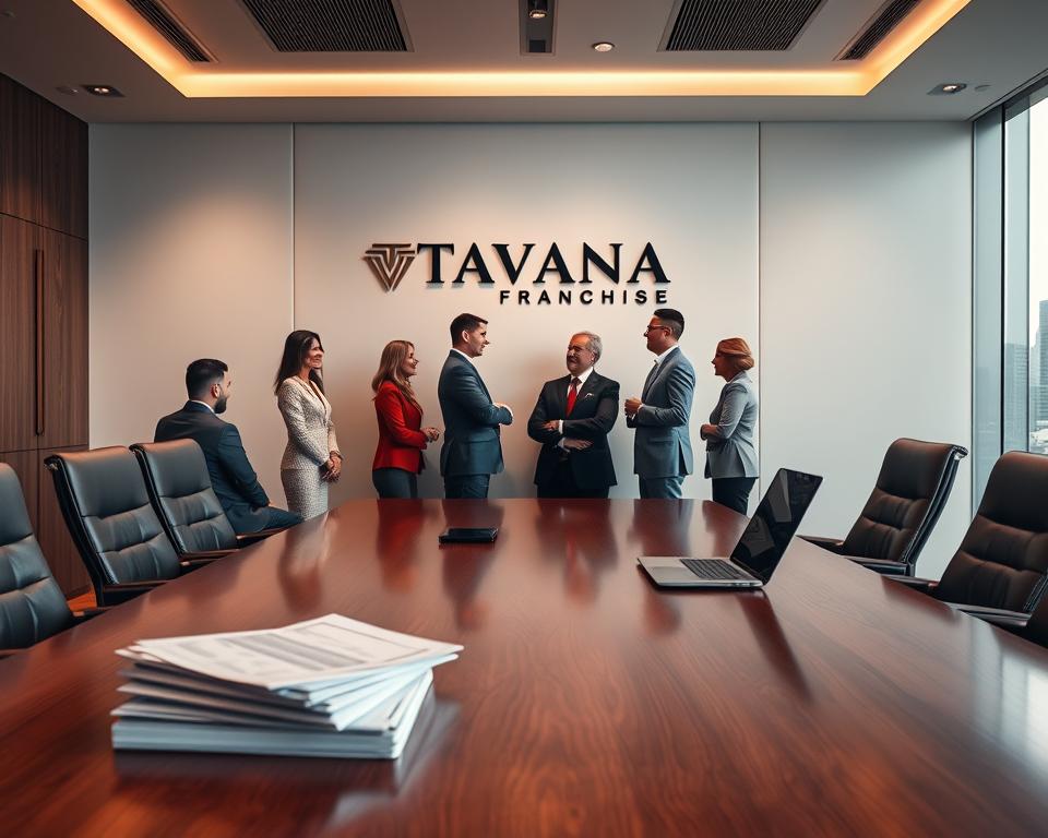 A boardroom scene with a large, sleek wooden table and leather chairs. In the foreground, a stack of documents and a laptop are placed, hinting at an ongoing strategic discussion. The middle ground features several business professionals in formal attire, engaged in a lively conversation, with the Tavana Franchise logo prominently displayed on the wall behind them. The background is softly lit, creating a warm and professional atmosphere, with floor-to-ceiling windows overlooking a modern city skyline.