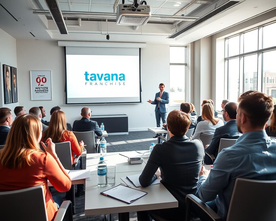A bright and airy conference room, filled with eager real estate agents attending a Tavana Franchise training session. A projector screen displays the Tavana brand logo, casting a soft glow across the room. The trainees are seated at modern desks, taking notes as an enthusiastic instructor gestures towards a presentation, highlighting the key pillars of Tavana's proven business model. Sunlight filters in through large windows, creating a warm and inviting atmosphere. The room's decor reflects Tavana's professional yet approachable brand identity, with sleek furnishings and motivational artwork adorning the walls. This image captures the essence of Tavana Franchise's immersive training programs, designed to empower real estate agents and drive the growth of their businesses.
