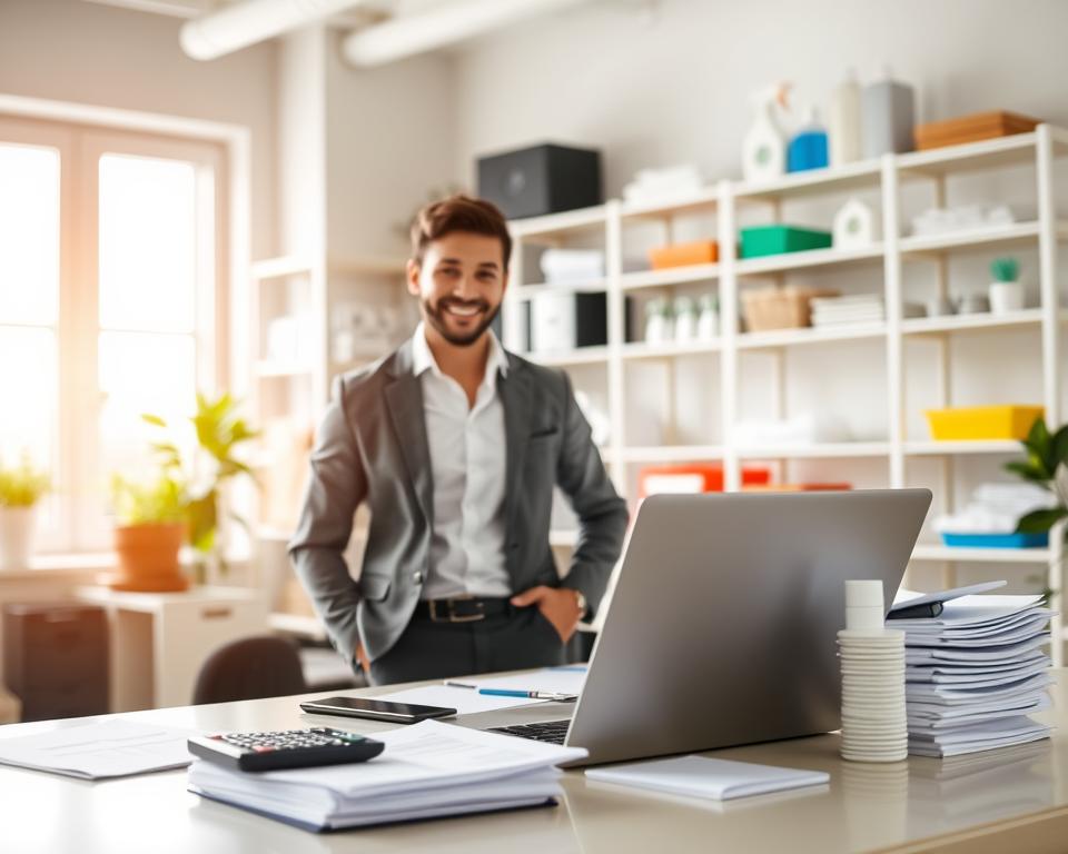 A bright and airy office space with a focus on the financial benefits of owning a Tavana Franchise office cleaning business. In the foreground, a neatly organized desk showcases a laptop, a calculator, and stacks of invoices and financial documents, hinting at the profitable nature of this franchise. The middle ground features a smiling franchisee, dressed professionally, conveying a sense of pride and success. In the background, shelves filled with cleaning supplies and equipment suggest the operational efficiency of the franchise. Soft natural lighting filters through large windows, creating a warm and welcoming atmosphere. The overall composition highlights the financial advantages of investing in a Tavana Franchise office cleaning business.