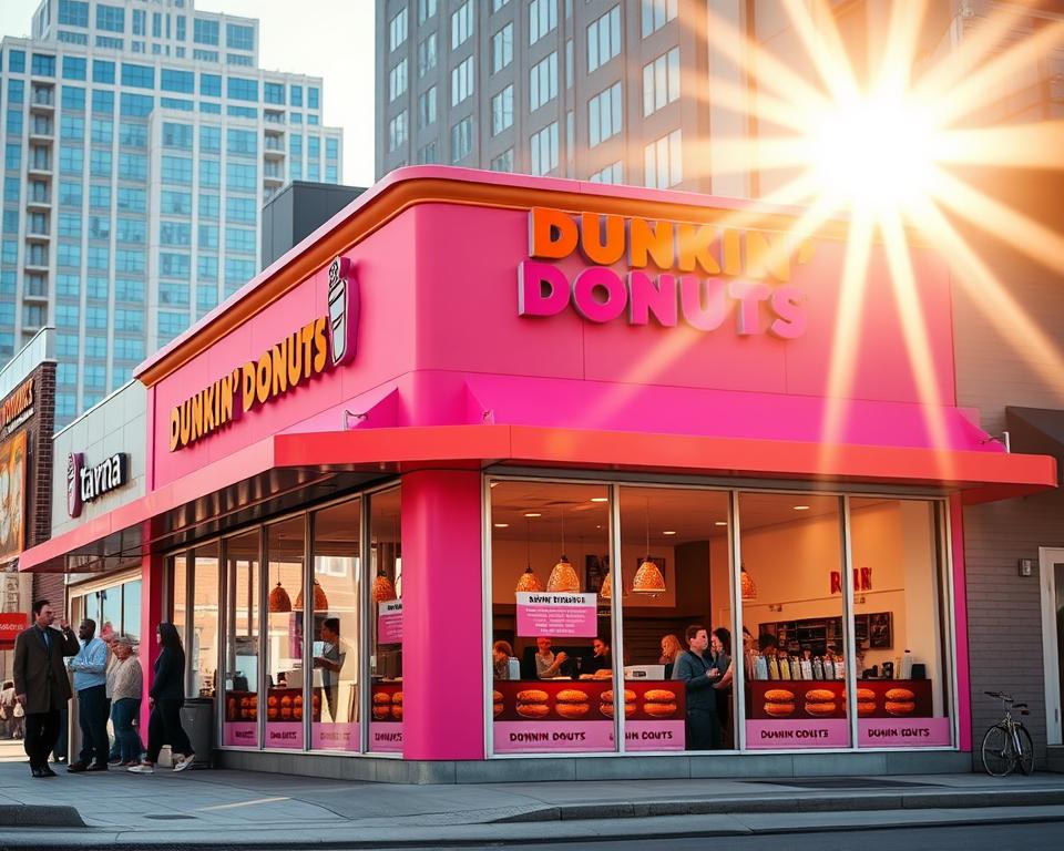 A bustling Dunkin' Donuts franchise, bathed in warm sunlight, stands prominently against a backdrop of urban cityscape. The storefront features the iconic pink and orange branding, with the Tavana Franchise logo prominently displayed. Through the large windows, customers can be seen enjoying a variety of donuts and beverages. The scene conveys a sense of energy and activity, reflecting the thriving nature of Dunkin' Donuts franchise opportunities in the United States.