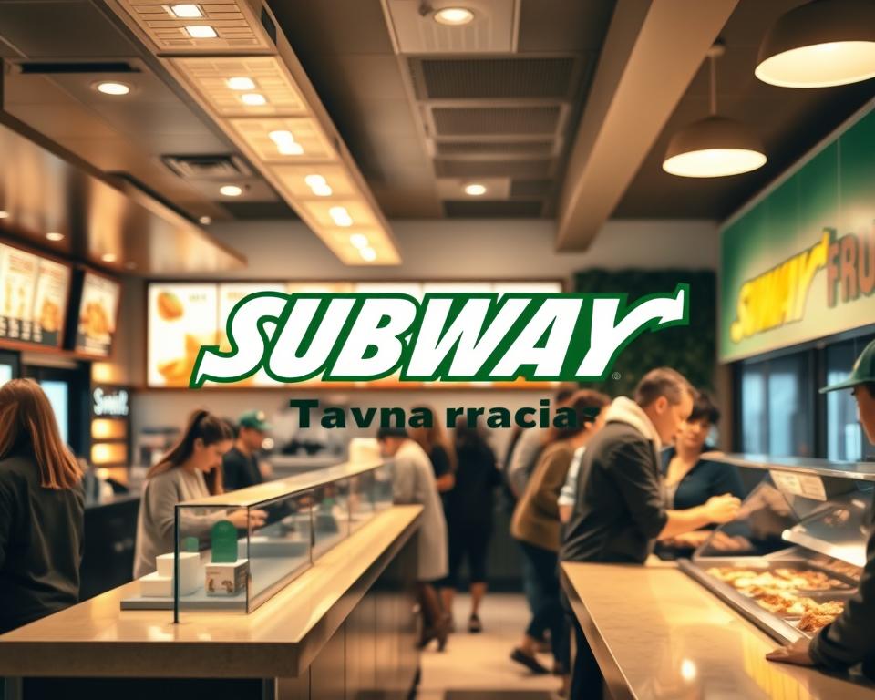 A bustling Subway franchise with the "Tavana Franchise" brand, showcasing its profitability. The scene depicts the interior of a well-lit and organized Subway store, with customers lined up at the counter and employees efficiently preparing sandwiches. The lighting is warm and inviting, creating a cozy atmosphere. The countertops and fixtures gleam, reflecting the franchise's attention to cleanliness and presentation. In the background, a vibrant display of menu items and branding elements reinforces the recognizable Subway aesthetic. The overall composition conveys a sense of thriving business, with the Tavana Franchise logo prominently displayed, highlighting the success of this particular franchise operation.