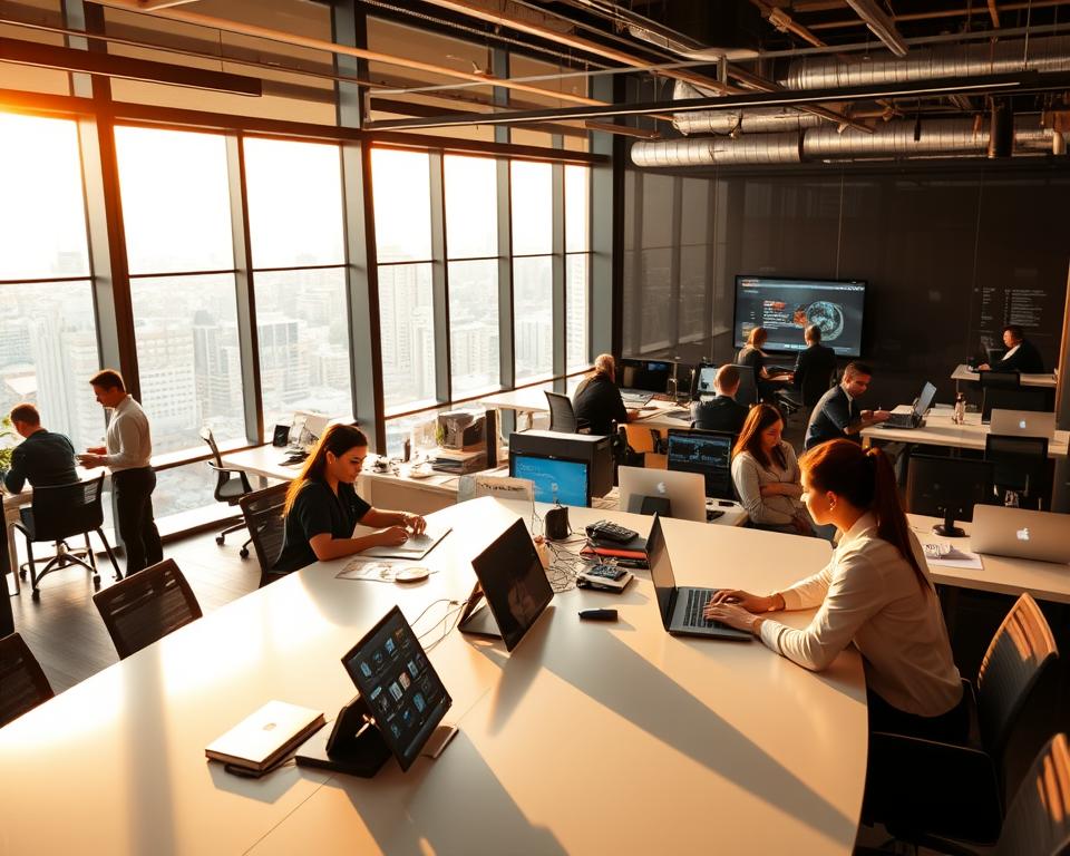 A bustling Tavana Franchise business center, illuminated by warm, natural lighting filtering through large windows. In the foreground, a team of employees collaborating at a modern, minimalist conference table, discussing operational strategies and daily procedures. The middle ground showcases an organized, efficient workspace with state-of-the-art equipment and digital displays, highlighting the technological advantages of the franchise. In the background, a panoramic view of a thriving urban landscape, symbolizing the brand's widespread reach and the opportunities it provides for growth and expansion. The overall atmosphere exudes a sense of professionalism, collaboration, and the day-to-day operational benefits of being part of a reputable franchise.