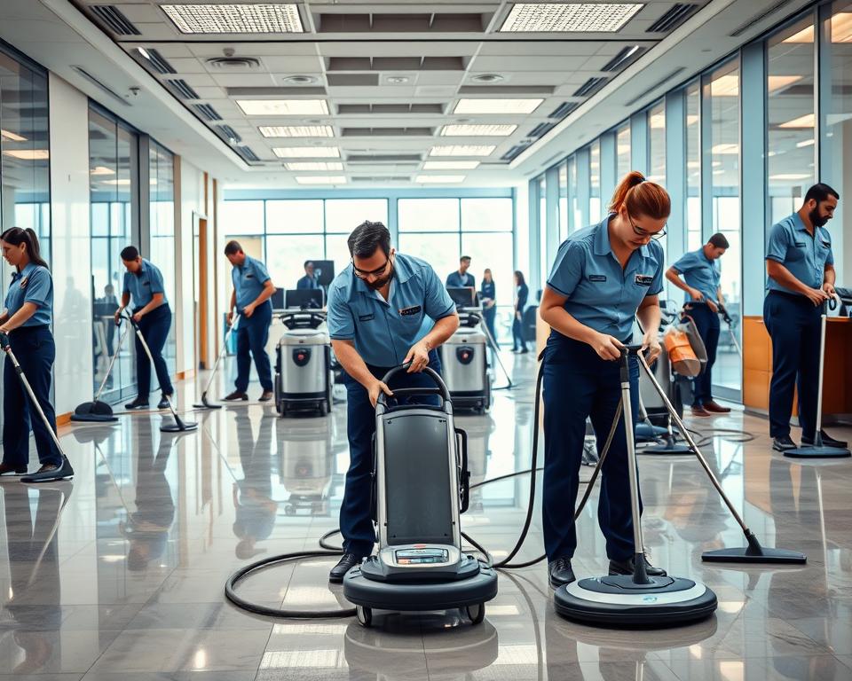 A bustling Tavana Franchise office cleaning service, captured in a wide-angle lens with a warm, inviting atmosphere. In the foreground, uniformed cleaners meticulously scrubbing and polishing surfaces, their attention to detail evident. The middle ground showcases the sophisticated fleet of cleaning equipment, from industrial vacuums to state-of-the-art mopping systems. In the background, a modern, well-lit office space with floor-to-ceiling windows, reflecting the growing demand for professional, reliable cleaning services. The overall scene conveys the efficiency, expertise, and commitment to excellence that defines the Tavana Franchise brand.