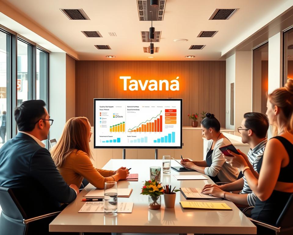 A bustling Tavana Franchise office, illuminated by warm, natural lighting streaming through large windows. In the foreground, a team of motivated owner-operators are gathered around a conference table, discussing expansion plans and strategies. Vibrant charts and graphs are displayed on a digital whiteboard, showcasing the franchise's growth trajectory. In the middle ground, a receptionist greets prospective franchisees, providing them with informative brochures and guiding them to the appropriate meeting rooms. The background features a sleek, modern interior design with the Tavana Franchise logo prominently displayed, conveying a sense of professionalism and success.