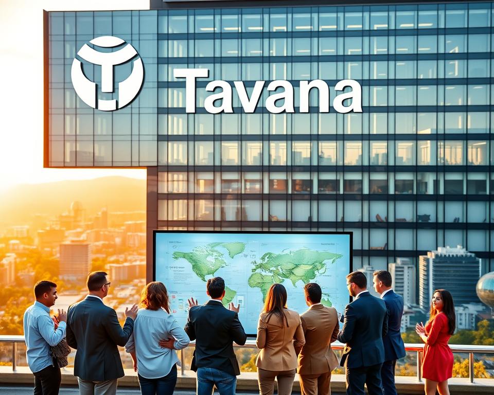 A bustling business campus with the Tavana Franchise logo prominently displayed on a modern, glass-fronted building. In the foreground, a group of entrepreneurs excitedly discuss expansion plans, gesturing towards a large, interactive touchscreen display. The middle ground showcases a diverse array of franchisees, each representing a different industry, confidently shaking hands and exchanging ideas. In the background, a panoramic view of a thriving cityscape, bathed in warm, golden afternoon light, symbolizes the boundless growth potential of the Tavana Franchise network. The scene conveys a mood of dynamic energy, collaboration, and the exhilaration of rapid, scalable business expansion.