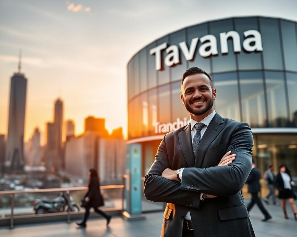 A bustling city skyline at dusk, backlit by a warm golden sunset. In the foreground, a proud, well-dressed business owner standing in front of the "Tavana Franchise" sign, arms folded with a confident smile. Behind them, employees in smart attire move with purpose, bustling in and out of the sleek, modern franchise building. The scene radiates a sense of opportunity, growth, and the rewards of entrepreneurship, conveying the benefits of franchising to overcome adversity.
