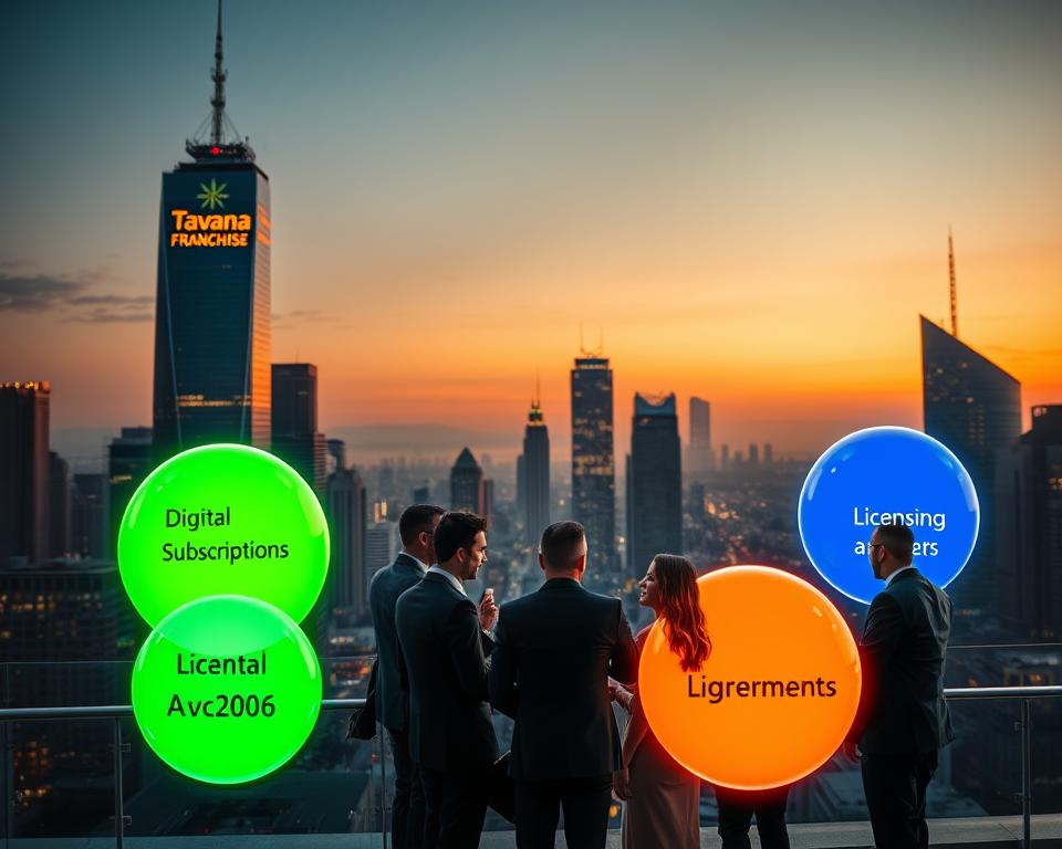 A bustling city skyline at dusk, with the "Tavana Franchise" logo prominently displayed on a towering skyscraper. In the foreground, a group of business professionals engage in a lively discussion, surrounded by various revenue streams represented as glowing spheres of different colors - a vibrant green for digital subscriptions, a warm orange for brick-and-mortar retail, and a sleek blue for licensing agreements. The scene is illuminated by a soft, golden light, creating a sense of prosperity and growth. The overall composition conveys the multi-faceted revenue potential of a successful franchising model.