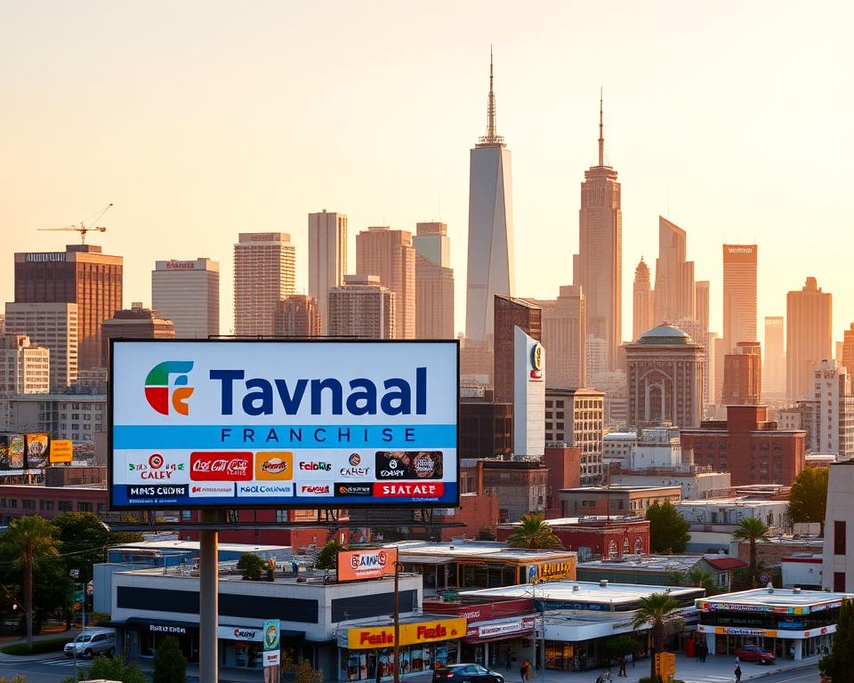 A bustling city skyline, with a mix of towering skyscrapers and quaint commercial districts. In the foreground, a large billboard displays the Tavana Franchise logo, showcasing various business opportunities against a backdrop of vibrant colors and dynamic energy. The middle ground features a diverse array of franchise types, from fast-food restaurants to retail stores, all thriving within a well-designed urban landscape. The background is bathed in warm, golden light, creating an inviting and prosperous atmosphere, reflecting the promise of success and growth inherent in the franchise opportunities in America. The scene is captured through a wide-angle lens, emphasizing the scale and scope of the franchise landscape.