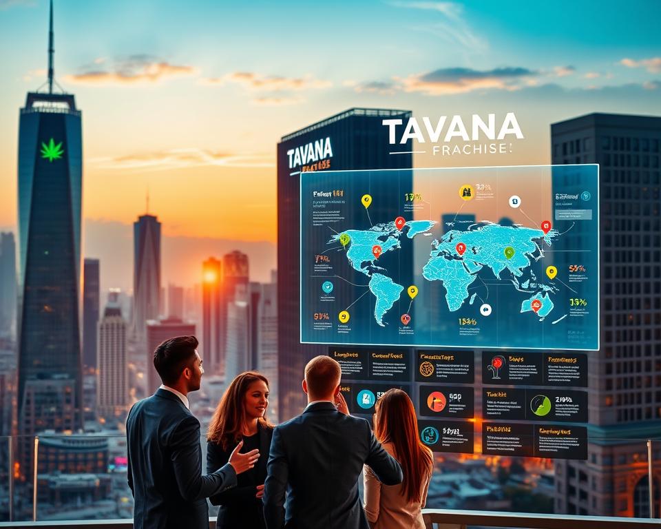 A bustling city skyline, with the Tavana Franchise logo prominently displayed on a high-rise building. In the foreground, a team of professionals in business attire discuss expansion plans, gesturing towards a holographic map showcasing potential new locations. The middle ground features a montage of franchisee success stories, represented by vibrant icons and infographics. In the background, a warm, golden light bathes the scene, conveying a sense of growth, prosperity, and dynamic energy. The image captures the essence of Tavana Franchise's comprehensive growth strategies, empowering its partners to thrive and expand their reach.