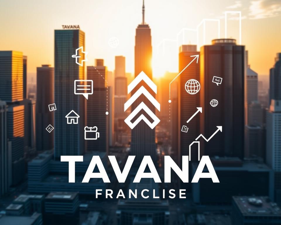 A bustling city skyline with towering skyscrapers and gleaming glass facades, bathed in warm, golden afternoon light. In the foreground, the Tavana Franchise logo stands prominently, its sleek and modern design commanding attention. Surrounding the logo are various symbols and icons representing the growth and expansion of the franchise - a network of interconnected arrows, a graph showing upward trends, and stylized buildings in different stages of construction. The overall scene conveys a sense of dynamism, opportunity, and the promise of a thriving, successful franchise.
