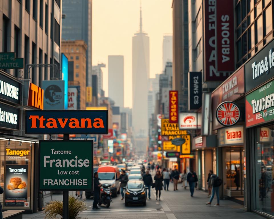 A bustling city street, with a variety of low-cost franchise establishments lining the sidewalks. In the foreground, the "Tavana Franchise" sign stands out, its bold design and vibrant colors catching the eye. The middle ground is filled with a diverse array of franchise businesses, each offering a unique service or product. The background is a hazy cityscape, with towering skyscrapers and the faint glow of neon signs. The scene is illuminated by a warm, inviting light, creating a welcoming atmosphere. The overall composition conveys the accessibility and affordability of the featured franchise opportunities.