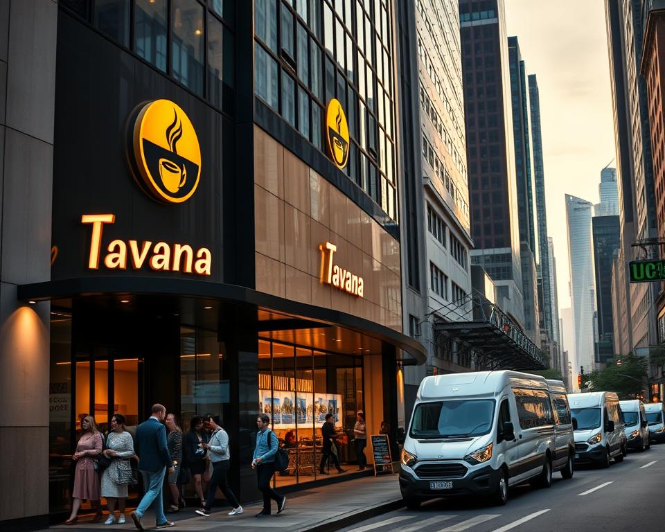 A bustling city street, with the sleek and modern storefront of the Tavana Franchise coffee shop taking center stage. The facade is adorned with a vibrant, eye-catching logo and signage, casting a warm glow in the soft evening light. In the foreground, a steady stream of customers enters and exits, creating a sense of growth and momentum. The middle ground showcases a line of neatly parked delivery vehicles, symbolizing the efficient supply chain supporting the franchise's expansion. The background features a towering skyline, hinting at the brand's aspirations to reach new heights. The overall scene conveys a sense of professional success, with a cinematic, high-production quality aesthetic.