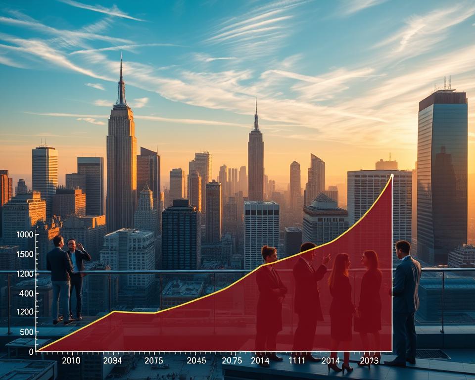 A bustling cityscape with skyscrapers and office buildings, bathed in warm, golden light. In the foreground, a graph depicting the steady growth of the "Tavana Franchise" brand over time, with upward-trending lines and colorful data visualizations. In the middle ground, a group of diverse business people in professional attire, engaged in animated discussions, symbolizing the thriving franchise ecosystem. The background features a clear blue sky, dotted with wispy clouds, conveying a sense of optimism and opportunity. The overall composition evokes a dynamic, prosperous, and technologically-advanced business environment, reflecting the current state of franchising in America.