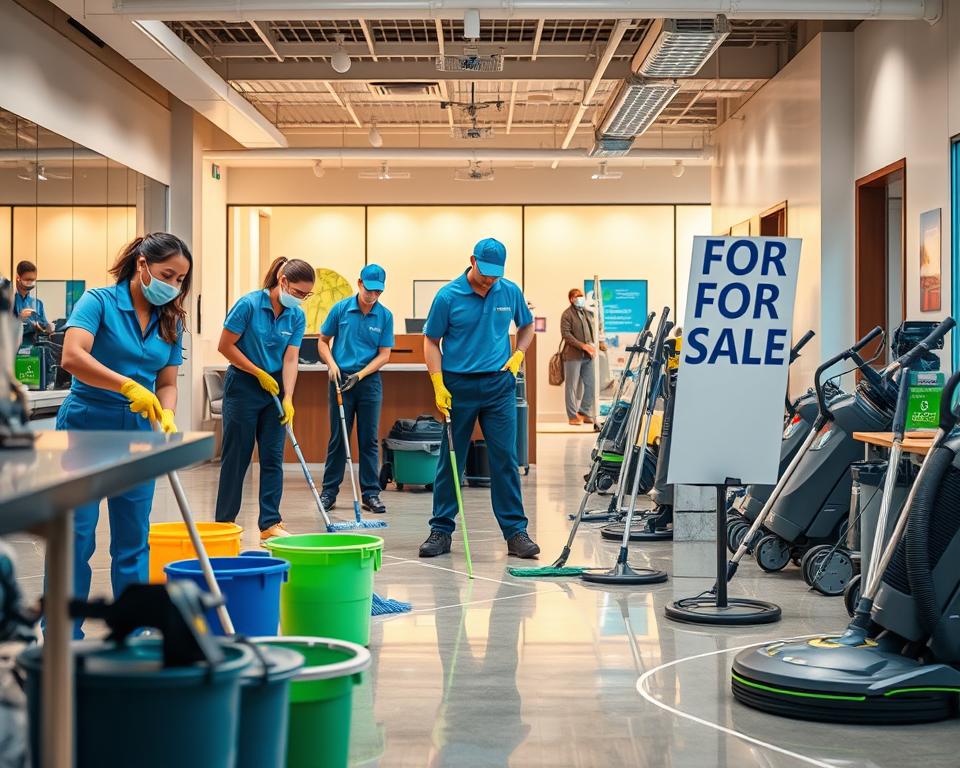 A bustling commercial cleaning business for sale, the Tavana Franchise. In the foreground, a team of professional cleaners meticulously wiping down surfaces, their uniforms crisp and bright. The middle ground showcases the varied equipment - mops, buckets, and industrial-grade vacuums, all neatly organized and ready for action. The background reveals a well-appointed office space, with a "For Sale" sign prominently displayed, hinting at the opportunity for a new owner to take the reins of this thriving enterprise. Warm, diffused lighting casts a welcoming glow, while the clean, modern aesthetic conveys a sense of efficiency and professionalism. The scene exudes a palpable energy, ready to be harnessed by the next entrepreneur seeking to transform their cleaning business.