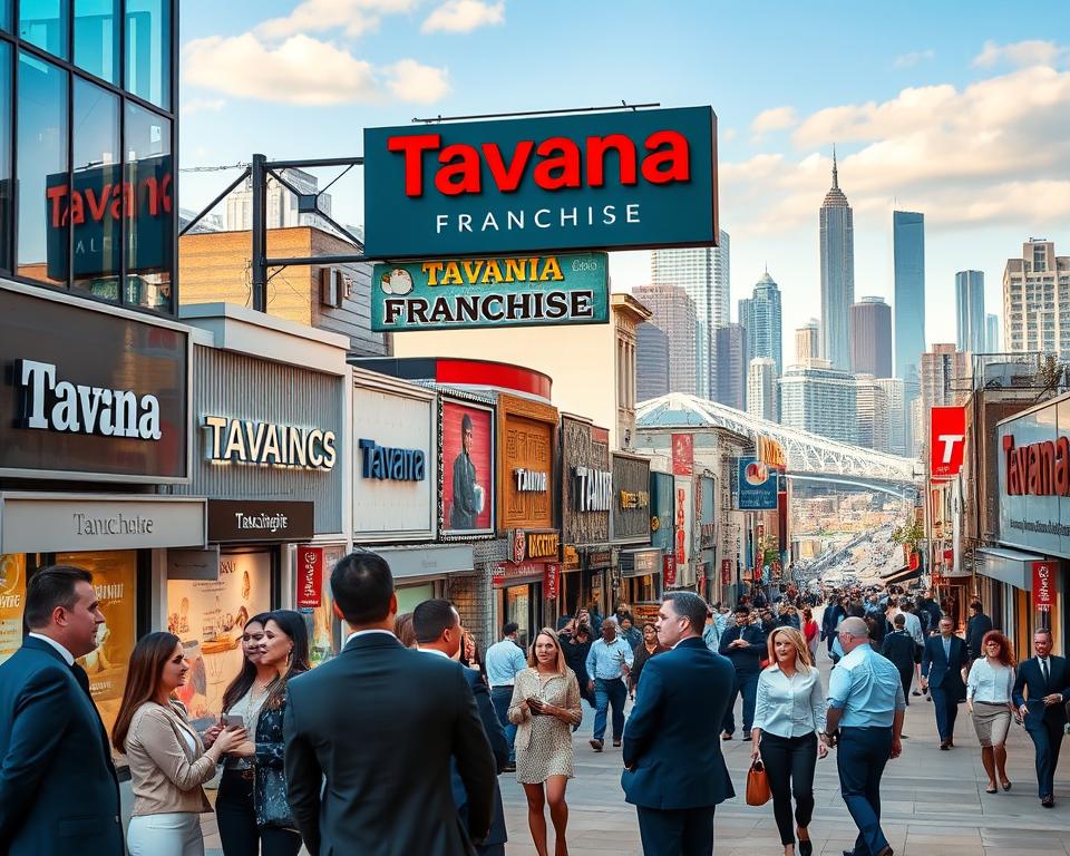 A bustling commercial district with the Tavana Franchise sign prominently displayed, showcasing a diverse range of successful businesses operating under the Tavana brand. In the foreground, well-dressed professionals are engaged in conversation, exuding an air of confidence and opportunity. The middle ground features a variety of storefront facades, each with its unique architectural style and branding, conveying the breadth of franchise options available. The background depicts a vibrant cityscape, with towering skyscrapers and a dynamic urban landscape, suggesting the potential for growth and expansion within the Tavana franchise ecosystem. The lighting is warm and inviting, creating a sense of energy and prosperity, while the camera angle provides a sweeping, panoramic view to capture the full scope of the franchise landscape.