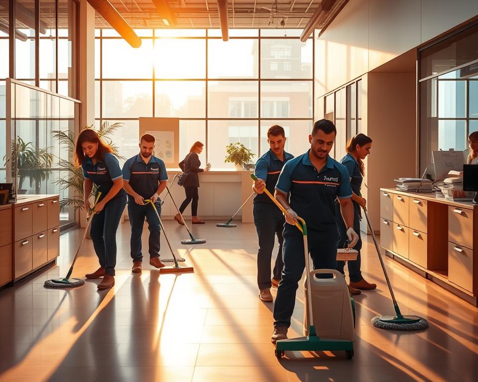 A bustling commercial office, bathed in warm, natural lighting from large windows. In the foreground, a team of cleaners in Tavana Franchise uniforms efficiently coordinate their tasks, mopping floors and disinfecting surfaces with professional-grade equipment. The middle ground features a reception area with neatly organized supplies, and in the background, an office manager oversees the operations, ensuring a seamless transition as the Tavana Franchise partnership is implemented. The atmosphere conveys a sense of organization, productivity, and attention to detail, reflecting the transformative impact of the commercial cleaning franchise on the business.