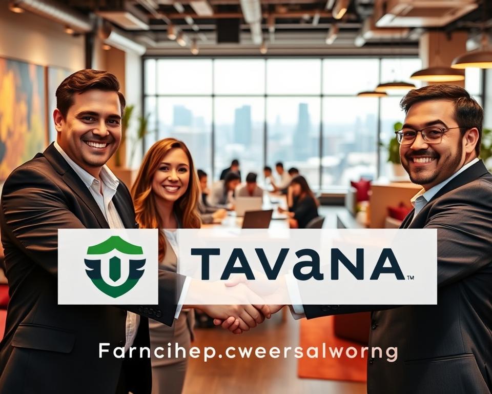 A bustling coworking space with the Tavana Franchise logo prominently displayed. In the foreground, three smiling, well-dressed professionals shake hands, celebrating a successful partnership. The middle ground features a team of employees enthusiastically working on laptops, surrounded by vibrant decor and modern furniture. In the background, floor-to-ceiling windows offer a glimpse of a thriving cityscape, conveying a sense of growth and opportunity. Warm, directional lighting illuminates the scene, casting a professional and inspirational atmosphere. The overall composition captures the essence of franchise ownership success stories.