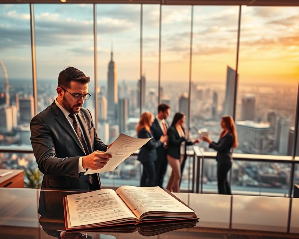A bustling franchise headquarters, the Tavana Franchise brand stands tall. In the foreground, an executive examines a detailed franchise agreement, symbolizing the legal framework that binds the franchisor and franchisee. In the middle ground, a team of marketing professionals collaborate, brainstorming strategies to elevate the brand's visibility and appeal. The background showcases a vibrant cityscape, representing the widespread market penetration and recognition the Tavana Franchise has achieved through its robust network of locations. Warm, golden lighting casts a professional and successful atmosphere, accentuating the franchisor's benefits within this dynamic franchise system.