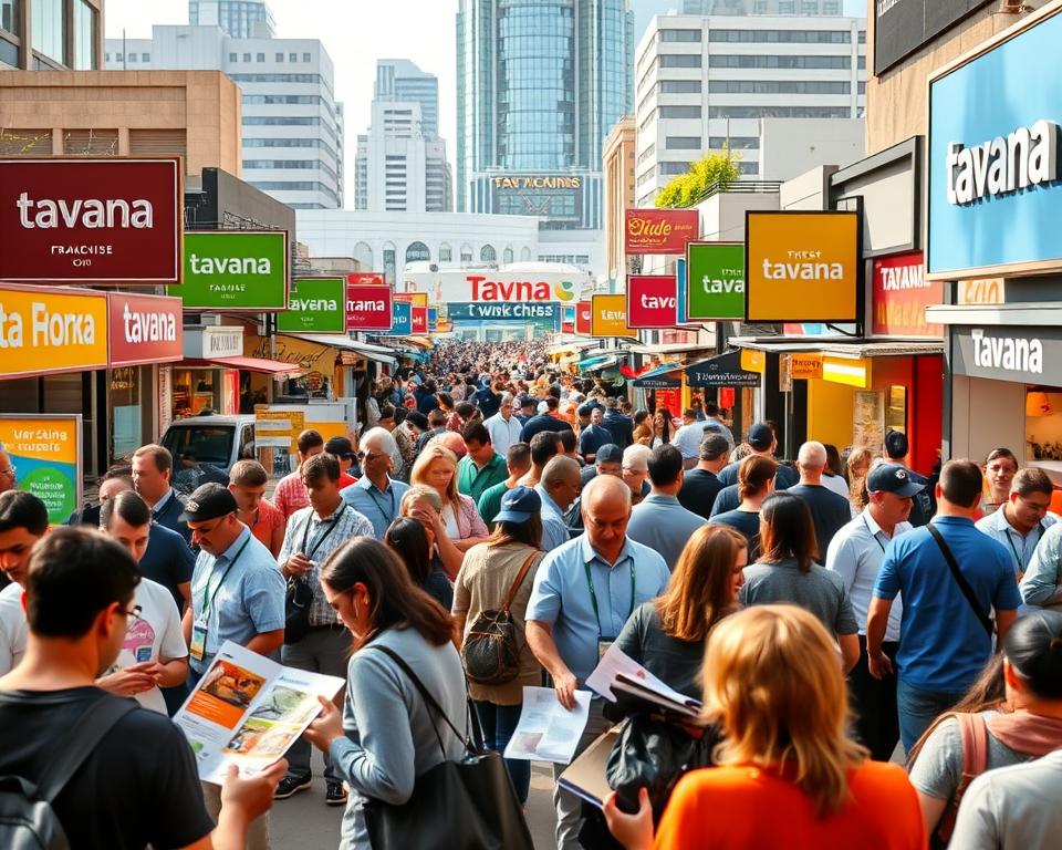 A bustling marketplace filled with the vibrant signage of the Tavana Franchise brand. In the foreground, potential franchise owners peruse informative brochures and speak with knowledgeable representatives. In the middle ground, a diverse array of franchise opportunities are showcased, each with its own distinct aesthetic and identity. The background features a mix of modern office buildings and quaint retail spaces, hinting at the wide range of franchise options available. The scene is bathed in warm, natural lighting, conveying a sense of approachability and opportunity. The atmosphere is one of excitement and possibility, reflecting the excitement of navigating the franchise sale marketplace.