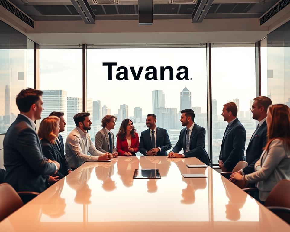 A bustling modern office with a sleek, contemporary interior design. In the foreground, a group of successful franchise owners in business attire, engaged in a lively discussion around a polished conference table. The Tavana Franchise logo is prominently displayed on the wall behind them. Soft, warm lighting casts a professional glow, while large windows offer a view of a vibrant city skyline in the background. The overall atmosphere exudes an air of achievement, collaboration, and the promise of a thriving franchise model.