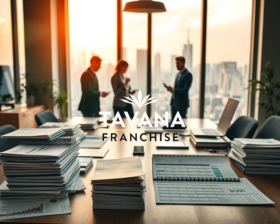 A bustling office scene, illuminated by warm, natural lighting through large windows. On the desk, a Tavana Franchise logo prominently displayed, surrounded by stacks of financial reports, digital devices, and a calendar showcasing multiple revenue streams. The middle ground features a team of professionals collaborating, discussing growth strategies and analyzing data. In the background, a vibrant city skyline is visible, hinting at the broader franchise ecosystem. The composition conveys a sense of productivity, innovation, and the financial rewards of a thriving Tavana Franchise business.