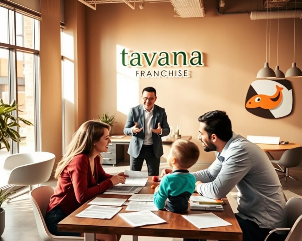 A bustling office setting with the Tavana Franchise logo prominently displayed on the wall. In the foreground, a family of three - a mother, father, and child - sit around a table, engaged in an animated discussion, papers and documents spread out before them. Warm, natural lighting filters through large windows, creating a sense of collaboration and optimism. The middle ground features a financial advisor or franchise representative, gesturing excitedly as they explain the franchise investment details. In the background, modern office furniture and décor suggest a professional, well-established environment. The overall atmosphere conveys the successful outcome of the Martinez family's franchise purchase.