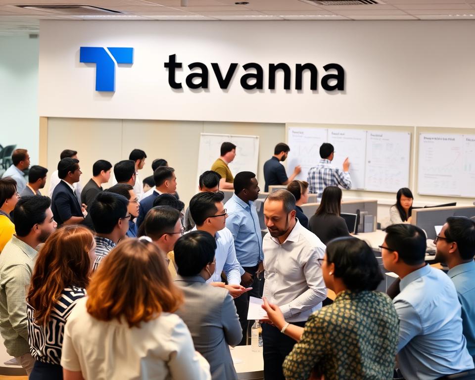 A bustling office setting with the Tavana Franchise logo prominently displayed on the wall. In the foreground, a group of diverse professionals are engaged in a lively discussion, surrounded by whiteboards and presentation materials showcasing local market data and insights. The middle ground features a mix of cubicles and open workspaces, with employees collaborating and sharing knowledge. The background is softly lit, creating a warm and professional atmosphere, highlighting the benefits of the franchise model's access to local expertise.