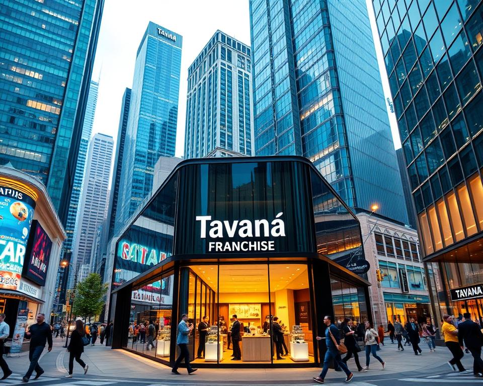 A bustling urban setting, with towering modern buildings and a vibrant street scene. In the foreground, the facade of the "Tavana Franchise" business stands proudly, its sleek and contemporary design hinting at the efficient and streamlined operations within. The interior is visible through large windows, showcasing the carefully curated displays and professional staff assisting customers. In the middle ground, pedestrians hurry along the sidewalks, conveying the energy and dynamism of the franchise's location. The background is dominated by a mix of skyscrapers and infrastructure, suggesting the broader commercial ecosystem that supports and sustains the franchise model. The lighting is warm and inviting, creating an atmosphere of professionalism and prosperity.