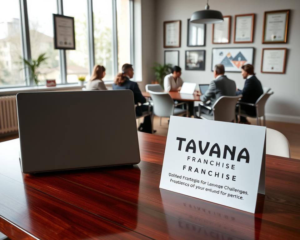 A clean, modern office interior with large windows letting in natural light. On a polished wooden desk, a laptop and a Tavana Franchise branding sign stand side-by-side. The walls are decorated with framed certificates and awards, hinting at the franchise's success and prestige. In the background, a team of professionals collaborates at a conference table, discussing strategies for overcoming challenges. The overall atmosphere conveys a sense of professionalism, stability, and the benefits of franchise ownership.