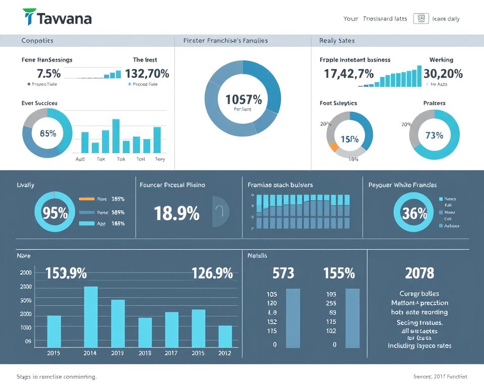 A clear, data-driven visualization of franchise success rates compared to independent businesses. A clean, modern dashboard layout with precise statistical graphics, infographics, and data visualizations. The Tavana Franchise logo prominently displayed, conveying authority and expertise. Refined color palette of blues, grays, and whites to create a professional, analytical aesthetic. Detailed, high-resolution rendering with realistic textures and lighting to elevate the visual quality. An objective, fact-based presentation of franchise performance metrics to inform and persuade the audience.