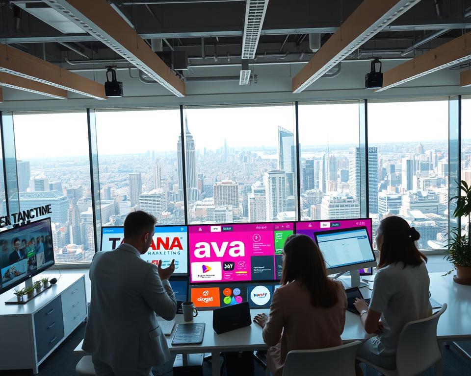 A contemporary and dynamic office environment showcasing the marketing advantages of the Tavana Franchise brand. The foreground features a team of professionals collaborating on a digital campaign, surrounded by sleek technology and digital displays. The middle ground highlights Tavana's integrated marketing approach, with vibrant brand elements and a cohesive visual identity. In the background, a panoramic view of a bustling city skyline conveys the broad reach and national scale of the franchise network. Bright, natural lighting accentuates the modern, efficient atmosphere, while a wide-angle lens captures the collaborative, synergistic nature of the franchise's marketing strategies.