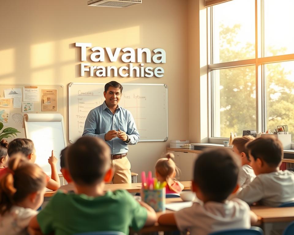 A cozy classroom setting, sunlight streaming through large windows, showcasing the "Tavana Franchise" brand prominently displayed on the wall. In the foreground, a group of enthusiastic students engaged in interactive learning activities, surrounded by educational supplies and whiteboards. The middle ground features a professional-looking franchisee, confidently presenting to prospective investors, highlighting the lucrative opportunities available within the Tavana Franchise network. The background depicts a warm, welcoming atmosphere, with subtle branding elements that reinforce the educational focus and franchise potential.