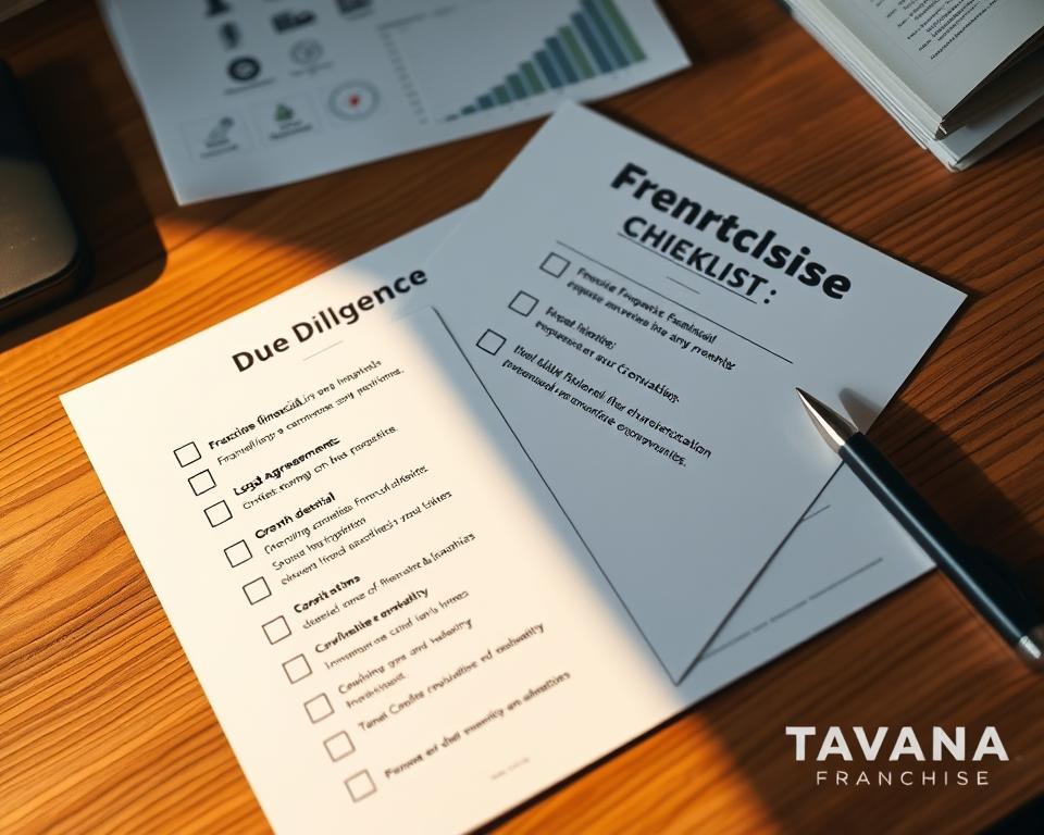 A crisp, clean checklist on a wood-grain desk, with a Tavana Franchise logo in the corner. The checklist lays out the key considerations for due diligence - from franchise financials to legal agreements, operational details, and growth potential. Warm lighting casts a professional, authoritative tone, while a subtle background of business icons and charts suggests the comprehensive nature of the evaluation. The overall composition conveys a sense of thoroughness and thoughtful decision-making for prospective franchise owners.