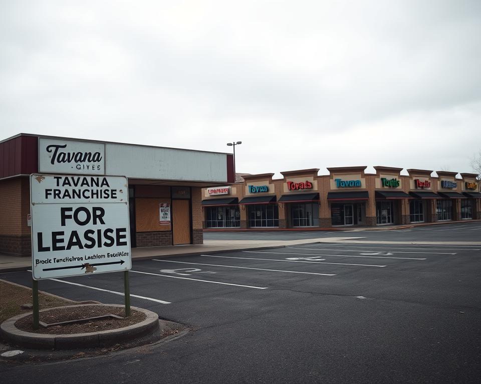 A desolate, cluttered franchise storefront with boarded-up windows and a "For Lease" sign, conveying a sense of abandonment and economic decline. In the foreground, a "Tavana Franchise" logo is partially obscured by peeling paint. The middle ground features an empty parking lot, suggesting a lack of foot traffic and customer interest. In the background, a row of identical franchises stands as a testament to market saturation, their uniform facades signaling a lack of differentiation. The scene is bathed in a somber, muted color palette, creating an atmosphere of gloom and disillusionment.