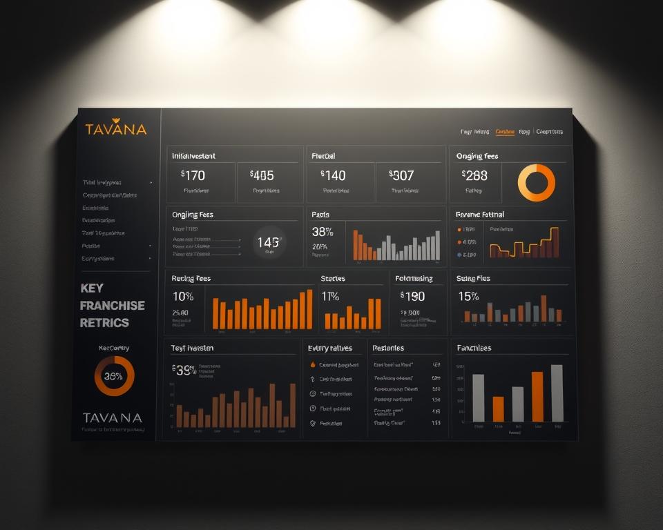 A detailed data visualization depicting the key franchise investment metrics for the "Tavana Franchise" brand. A sleek, minimalist dashboard-style layout showcases financial KPIs such as initial investment, ongoing fees, revenue potential, and return on investment - all presented in a clean, infographic style with intuitive icons and charts. The scene is lit by soft, directional lighting creating depth and highlighting the informative visuals. The overall tone is professional, analytical, and designed to provide a comprehensive overview of the franchise opportunity.