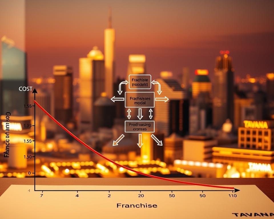 A detailed diagram of the economics of the Tavana Franchise business model. In the foreground, a graph shows the revenue and cost curves, highlighting the franchise fees, royalties, and profit margins. In the middle ground, a schematic depicts the relationship between the franchisor and franchisees, with arrows indicating the flow of resources and revenue. In the background, a cityscape with various Tavana franchise locations showcases the geographic expansion potential. The scene is lit by warm, golden tones, conveying a sense of profitability and growth. The overall composition emphasizes the systematic nature of franchise economics, providing a clear visualization of the key financial and operational considerations.