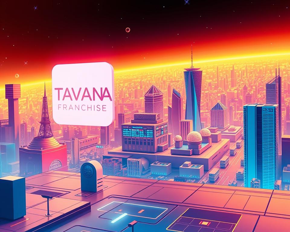 A detailed, futuristic digital illustration depicting the evolution of B2B business models. In the foreground, a sleek, minimalist Tavana Franchise logo floats against a backdrop of various geometric shapes and abstract structures, representing the shifting landscape of B2B industries. The middle ground features a dynamic, three-dimensional visualization of different B2B business models, each with its own unique form and color scheme, showcasing the diversification and innovation within the sector. In the background, a vast, ethereal cityscape stretches out, hinting at the global scale and interconnectedness of modern B2B operations. The overall scene is bathed in a warm, vibrant glow, conveying a sense of progress, possibility, and the exciting evolution of B2B business models.