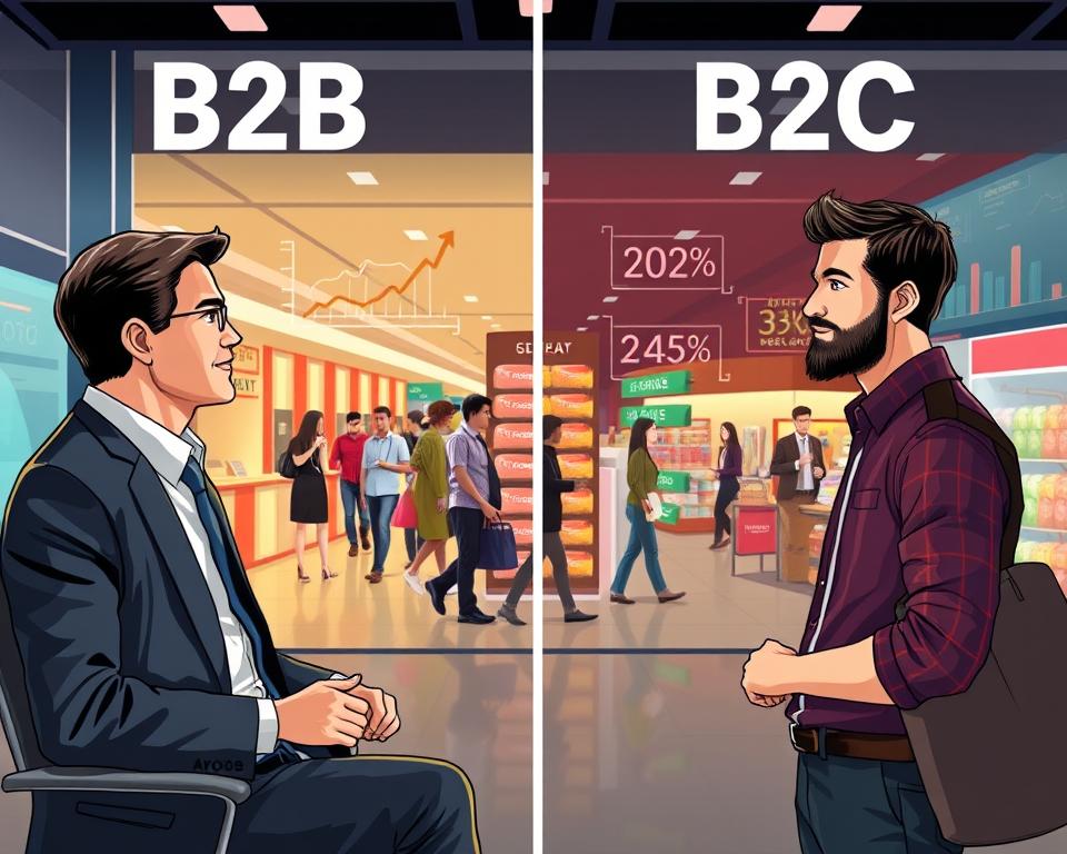A detailed illustration depicting the differences between B2B (business-to-business) and B2C (business-to-consumer) business models. In the foreground, a sleek office setting with two professionals, one in a suit and the other in casual attire, engaged in a meeting. Behind them, a vibrant consumer market scene with individual shoppers and retail establishments. The background showcases contrasting business metrics and statistics, visualized through infographic-style elements. The overall atmosphere conveys a sense of professionalism, market dynamics, and the distinct challenges and considerations for the Tavana Franchise in navigating these two distinct market segments.