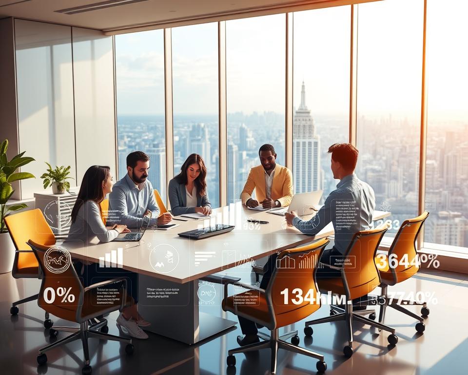 A detailed illustration of the "Tavana Franchise" success factors, showcasing a vibrant, well-designed office space. In the foreground, a team of diverse individuals collaborating at a sleek, modern conference table, exuding an atmosphere of productivity and camaraderie. The middle ground features an array of informative data visualizations and performance metrics, highlighting the franchise's key performance indicators. In the background, a panoramic window offers a view of a bustling cityscape, symbolizing the franchise's growth and expansion. The scene is bathed in warm, natural lighting, creating a sense of professionalism and success. The overall composition conveys the synergy and harmonious partnership between the franchisor and the franchisee.