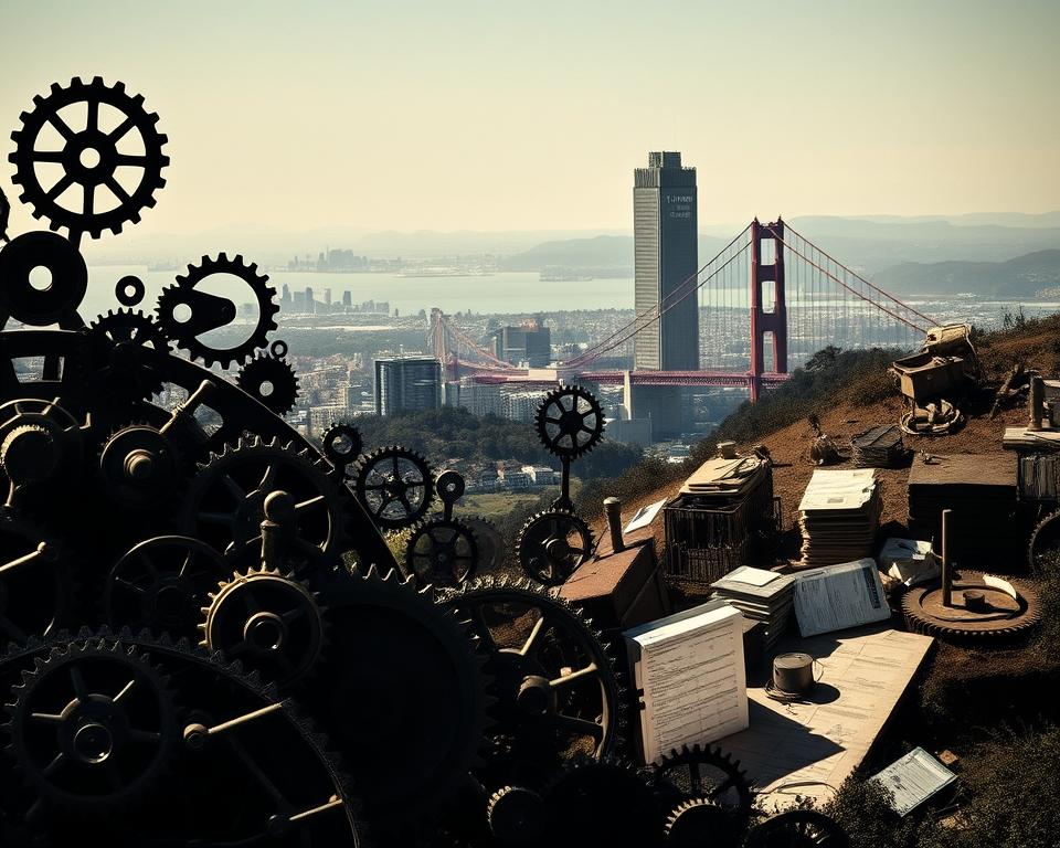 A detailed landscape scene depicting the impact of the Franchise Tax Board (FTB) on the California tax system. In the foreground, an intricate network of gears, cogs, and levers symbolize the complex machinery of the FTB, casting long shadows across the scene. In the middle ground, a towering skyscraper labeled "Tavana Franchise" stands as a testament to the FTB's influence, surrounded by a maze of spreadsheets and financial documents. In the background, a hazy skyline of the Golden State is visible, with the iconic Golden Gate Bridge partially obscured, hinting at the FTB's far-reaching effects on the state's economy and infrastructure. The lighting is muted, creating a sense of seriousness and gravity, while the overall composition conveys the weight and significance of the FTB's role in California's tax system.