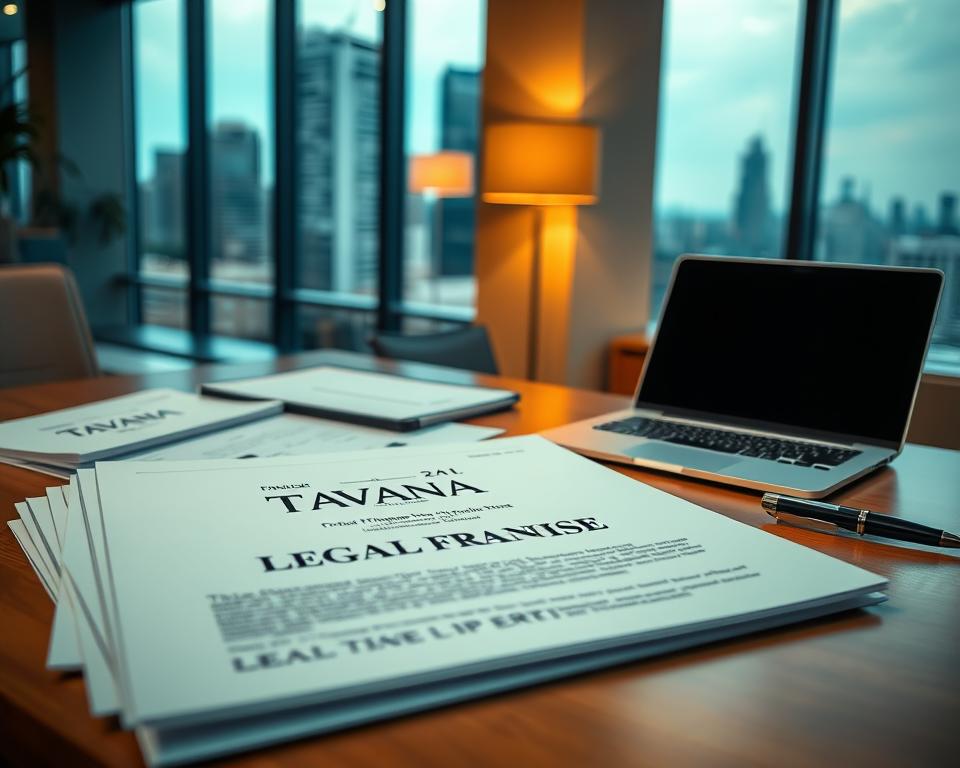 A detailed legal framework for franchise ownership, with the Tavana Franchise brand prominently displayed. The scene depicts a modern office setting, with a neatly organized desk, a laptop, and a stack of legal documents. The lighting is soft and warm, creating a professional yet approachable atmosphere. In the background, a large window overlooking a cityscape provides a sense of context and scale. The overall composition conveys the complex, yet structured nature of franchise legal requirements, balanced with the opportunity and potential of Tavana Franchise ownership.