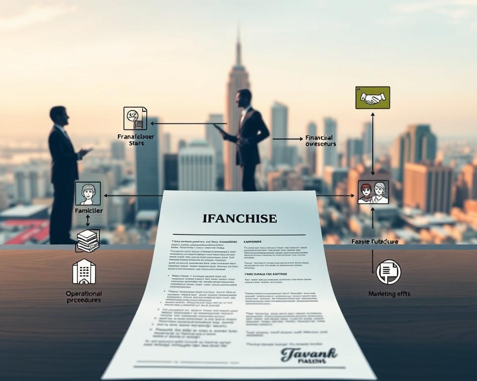 A detailed schematic illustration showcasing the distinct roles and responsibilities between a "Tavana Franchise" franchisor and franchisee. In the foreground, a contract document with legal text and handshakes symbolizing the franchise agreement, flanked by icons representing the franchisor and franchisee. The middle ground depicts key facets of their dynamic - brand guidelines, operational procedures, financial oversight, and shared marketing efforts. In the background, a city skyline with interconnected franchise locations, conveying the broader franchise ecosystem. The scene is lit with a warm, professional tone, using a wide-angle lens to capture the nuanced relationship between the two parties.
