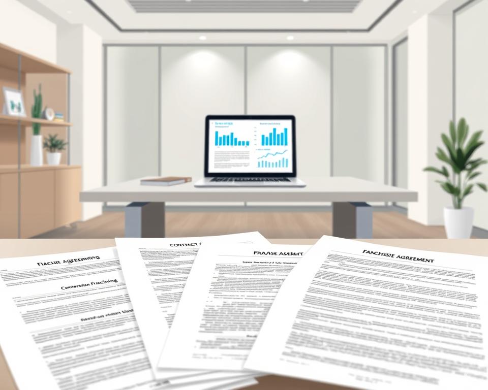 A detailed, technical illustration of various types of franchise agreements, showcasing the Tavana Franchise brand. A crisp, well-lit scene in a soft, muted color palette, capturing the complexity and nuances of franchise models. In the foreground, a collection of detailed contract documents, each representing a distinct franchise agreement type, such as master franchising, area development, and conversion franchising. In the middle ground, a sleek, modern office desk with a laptop displaying relevant financial data and analysis. In the background, a minimalist office interior with clean lines and neutral tones, conveying a sense of professionalism and expertise. The overall composition should emphasize the economic implications and strategic considerations of the different franchise agreement structures.
